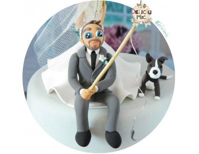 Figurine tort nunta - Mirele pescuieste pe marginea tortului & catel