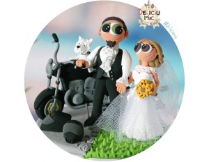 Figurine de tort Mire & Mireasa Motociclisti & Motocicleta, casti de motor & catel Westie